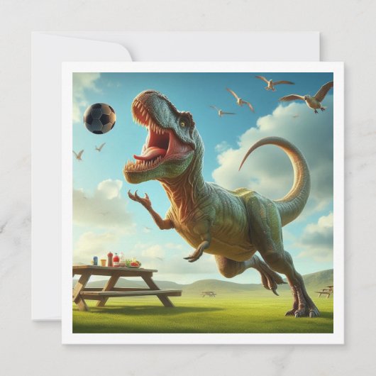 Dinosaurus die voetbal spelen, t-rex verjaardagsui kaart (Voorkant)