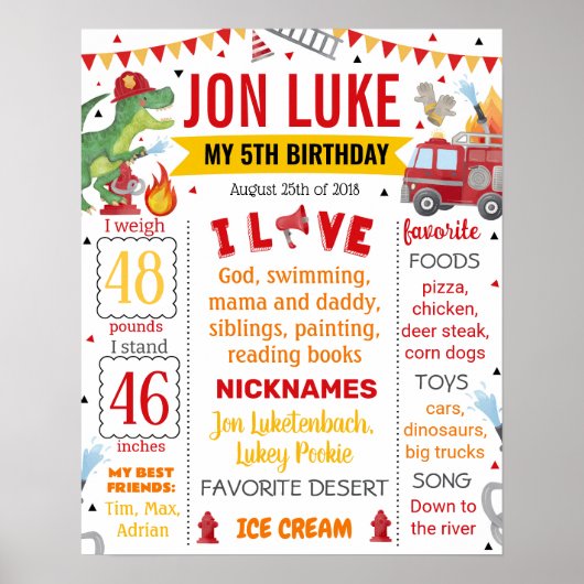 Dinosaurus Dino Brandweerwagen Verjaardag 1069 Poster (Voorkant)