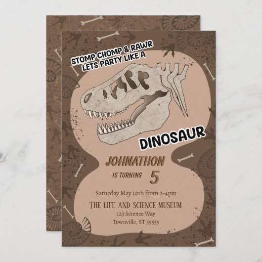 Dinosaurus Dino Fossiel Verjaardagsfeestje Uitnodi Kaart (Voorkant / Achterkant)