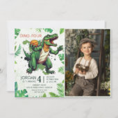 Dinosaurus Dino-Four 4e verjaardag Party Foto Kaart (Voorkant)