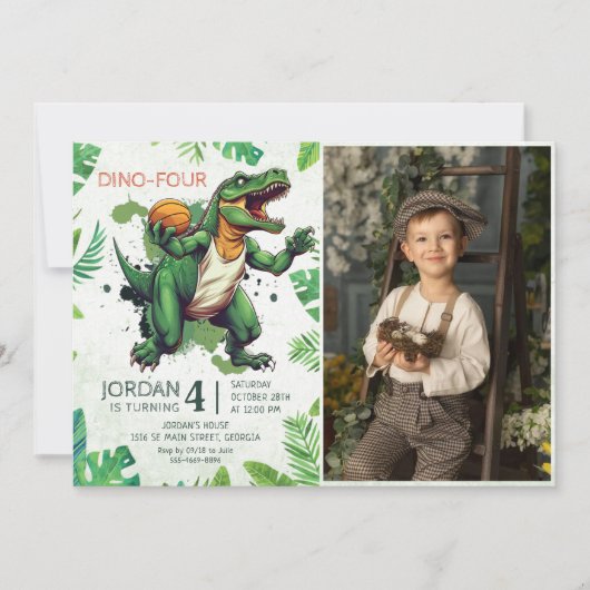 Dinosaurus Dino-Four 4e verjaardag Party Foto Kaart (Voorkant)