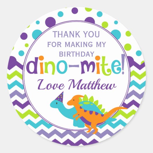 Dinosaurus Dino Mite Bedankt Verjaardagsfeest Ronde Sticker (Voorkant)