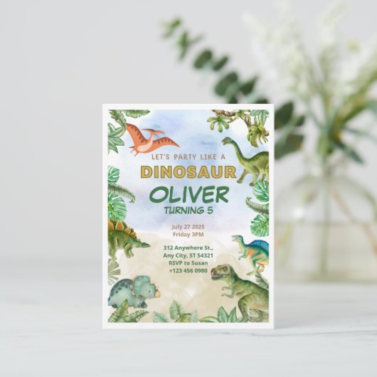 Dinosaurus Dino T-Rex verjaardagsuitnodigingen ans Briefkaart (Staand voorkant)