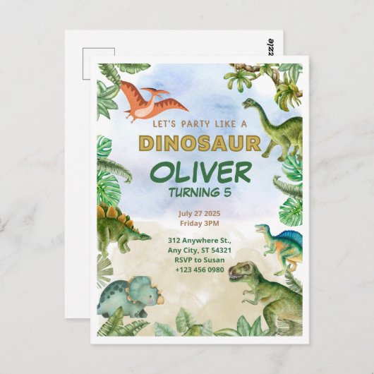 Dinosaurus Dino T-Rex verjaardagsuitnodigingen ans Briefkaart (Voorkant / Achterkant)