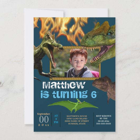 Dinosaurus DIY foto jongens thema feest vlammen bl Kaart (Voorkant)