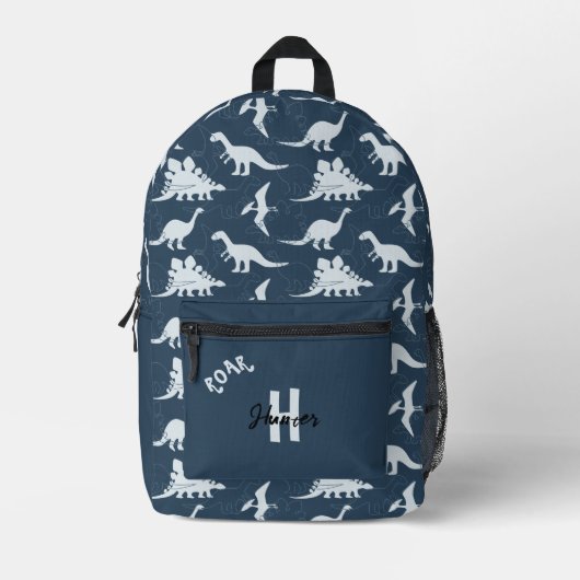 Dinosaurus Donkerblauw Aangepaste Naam Monogram Jo Bedrukte Rugzak (Voorkant)