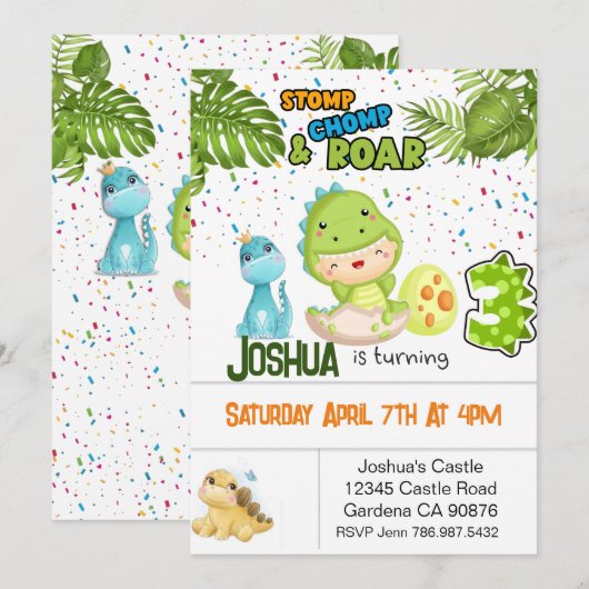 Dinosaurus draaien 3 verjaardag uitnodiging (Voorkant / Achterkant)