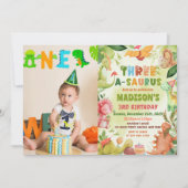 Dinosaurus drie-a-saurus 3e verjaardag foto kaart (Voorkant)