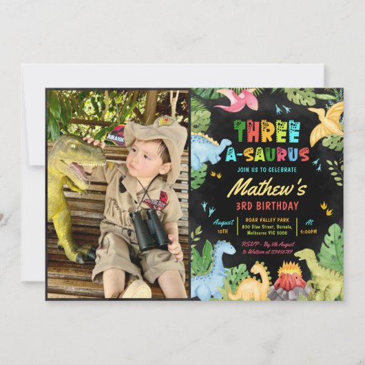Dinosaurus drie-a-saurus 3e verjaardag partij foto kaart (Voorkant)