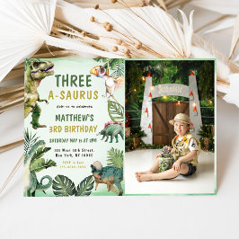 Dinosaurus drie-a-saurus 3e verjaardag partij foto kaart