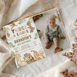 Dinosaurus drie-a-saurus 3e verjaardag partij foto kaart