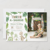 Dinosaurus drie-a-saurus 3e verjaardag partij foto kaart (Voorkant)