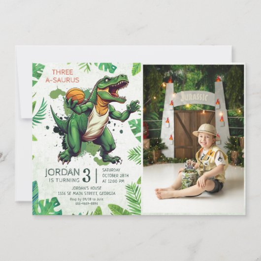Dinosaurus drie-a-saurus 3e verjaardag partij foto kaart (Voorkant)