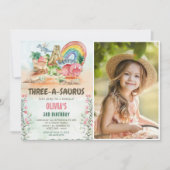 Dinosaurus drie-a-saurus 3e verjaardag partij foto kaart (Voorkant)