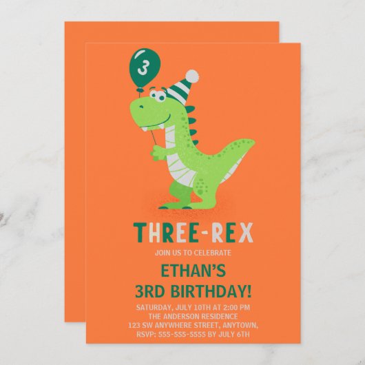 Dinosaurus Drie Rex 3de Verjaardagsuitnodiging Kaart (Voorkant / Achterkant)
