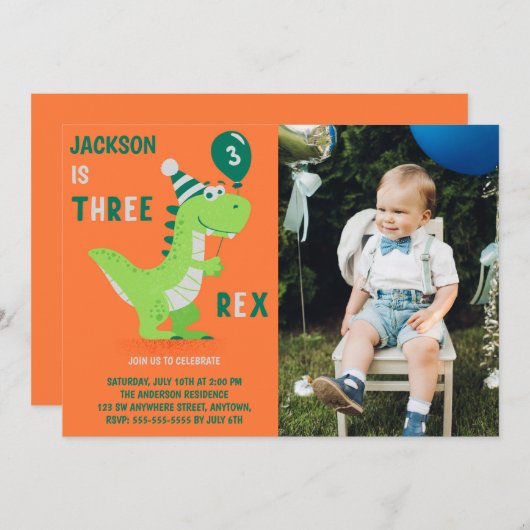 Dinosaurus drie rex 3e verjaardag foto uitnodiging (Voorkant / Achterkant)