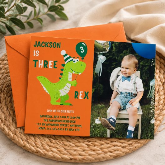 Dinosaurus Drie Rex 3e Verjaardag Foto Uitnodiging