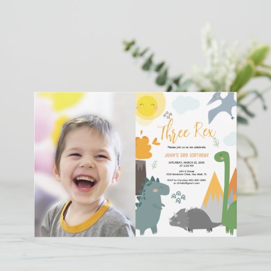 Dinosaurus Drie Rex 3e Verjaardag Fotofeestje Kaart (Staand voorkant)
