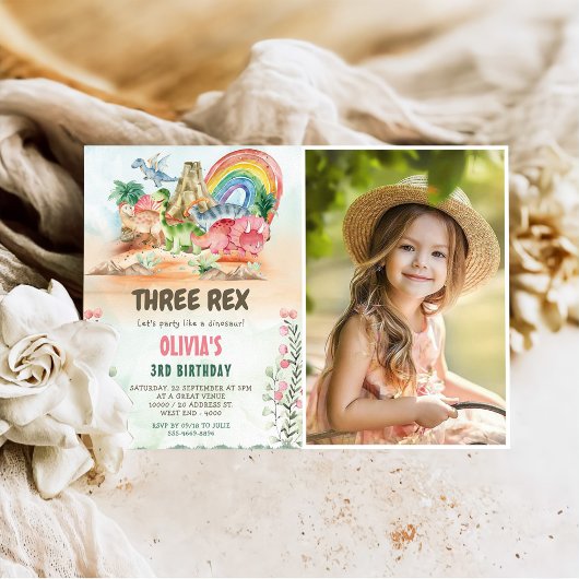 Dinosaurus drie rex 3e verjaardag partij foto kaart
