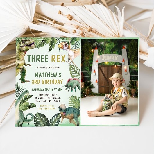 Dinosaurus drie rex 3e verjaardag partij foto kaart