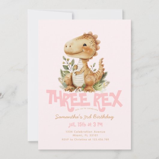 Dinosaurus Drie Rex 3e Verjaardag Party Meisje Roz Kaart (Voorkant)