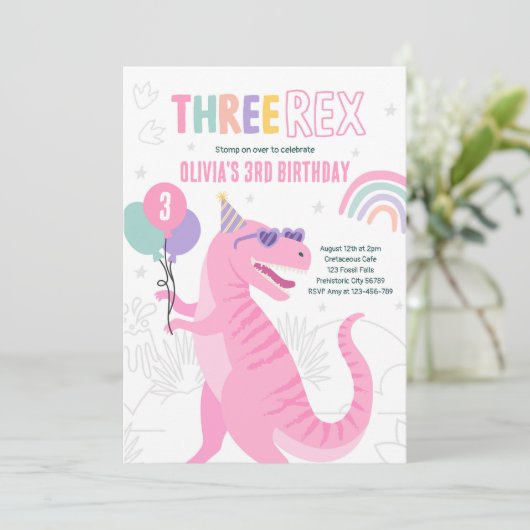 Dinosaurus Drie Rex 3e Verjaardagsfeestje Roze T-R Kaart (Staand voorkant)