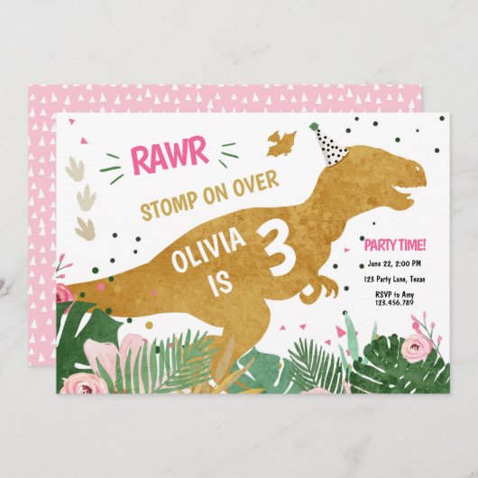 Dinosaurus Drie-Rex Dino Meisje Roze Gouden Verjaa Kaart (Voorkant / Achterkant)