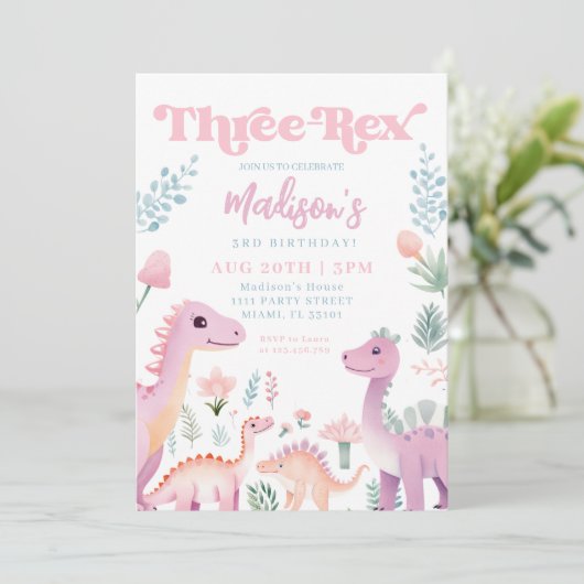 Dinosaurus Drie Rex Meisje Roze 3e Verjaardagsfees Kaart
