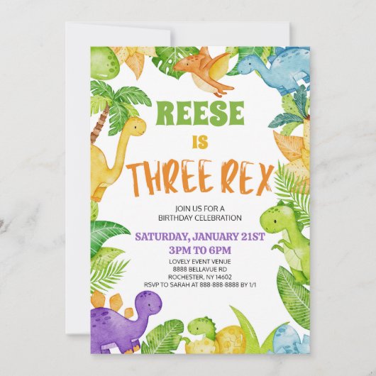 Dinosaurus Drie Rex T-Rex 3e verjaardagsfeestje Kaart (Voorkant)