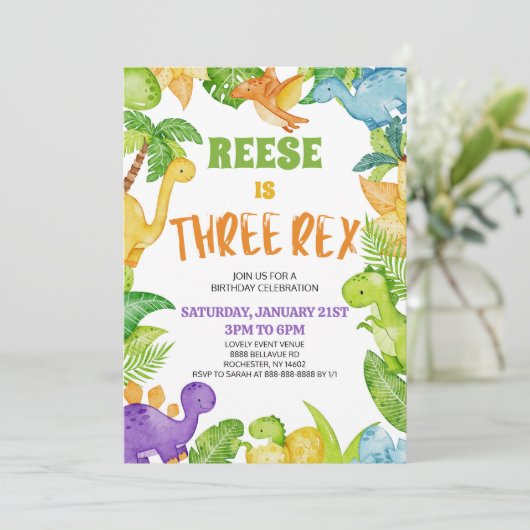 Dinosaurus Drie Rex T-Rex 3e verjaardagsfeestje Kaart (Staand voorkant)