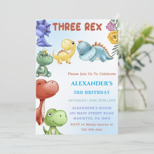 Dinosaurus Drie Rex Verjaardagsfeestje Kaart (Staand voorkant)