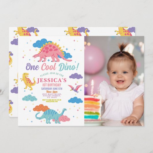 Dinosaurus een rex Schattige meisjes 1e roze parti Kaart (Voorkant / Achterkant)