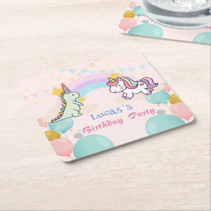 Dinosaurus Eenhoorn regenboog gradiënt verjaardags Kartonnen Onderzetters