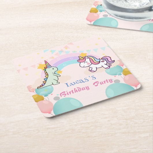 Dinosaurus Eenhoorn regenboog gradiënt verjaardags Kartonnen Onderzetters (Schuin)