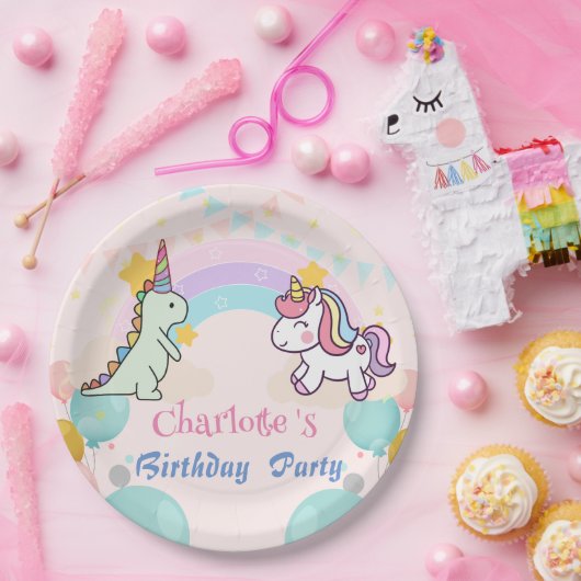 Dinosaurus Eenhoorn regenboog gradiënt verjaardags Papieren Bordje (Feest)