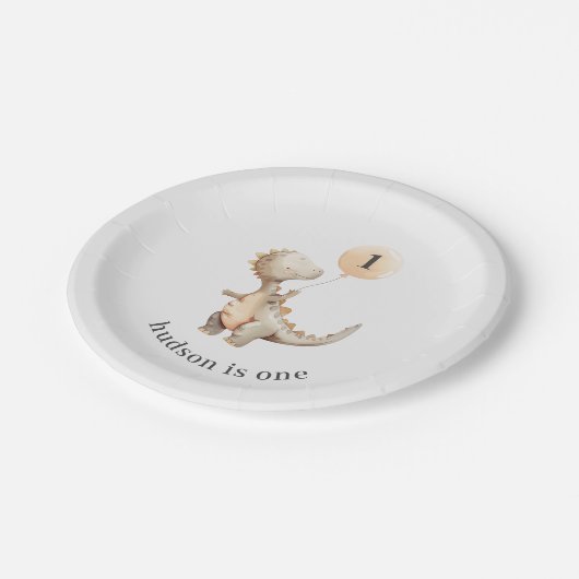 Dinosaurus eerste verjaardag ballon papieren bordje (Gekanteld)