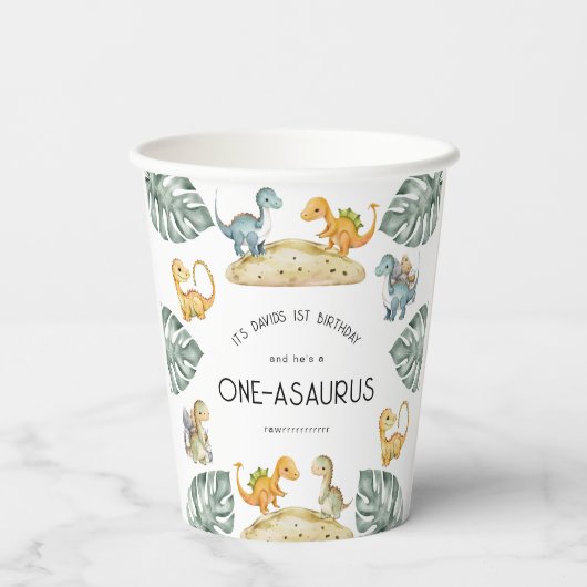 Dinosaurus Eerste Verjaardag Oneasaurus Party Papieren Bekers (Achterkant)