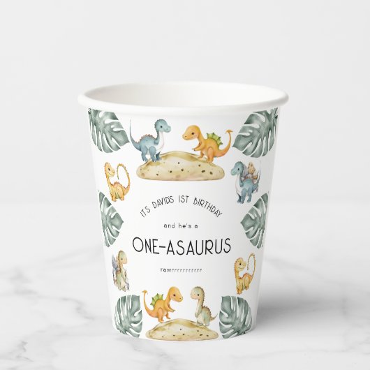 Dinosaurus Eerste Verjaardag Oneasaurus Party Papieren Bekers (Voorkant)