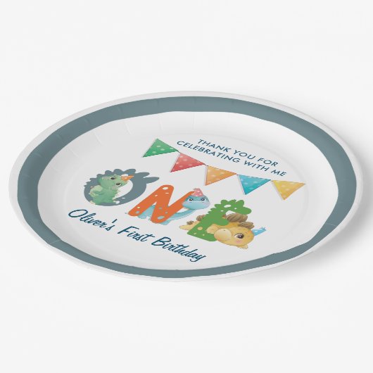 Dinosaurus Eerste Verjaardag Papieren Bordje (Gekanteld)