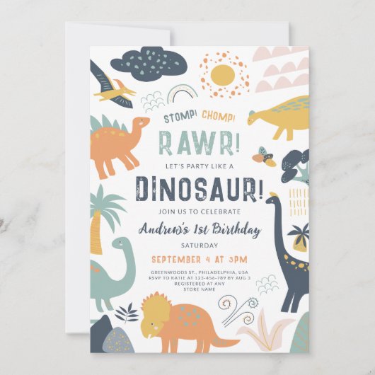 Dinosaurus Eerste Verjaardag Stomp Chomp Roar Kaart (Voorkant)