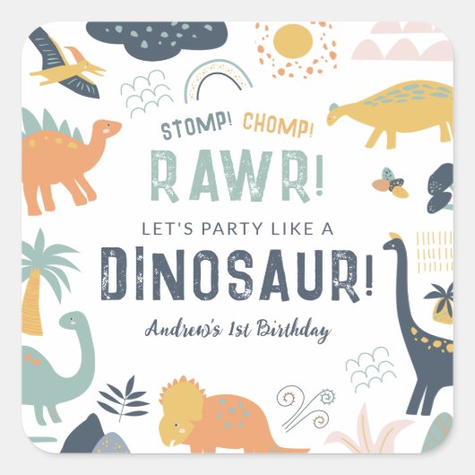 Dinosaurus Eerste Verjaardag Stomp Chomp Roar Vierkante Sticker (Voorkant)