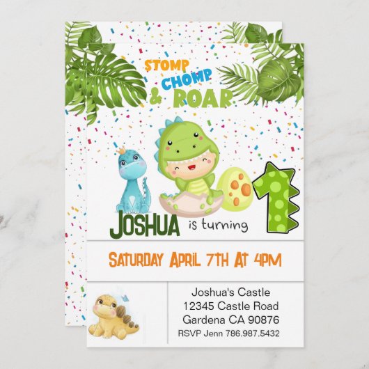 Dinosaurus Eerste verjaardag uitnodiging (Voorkant / Achterkant)