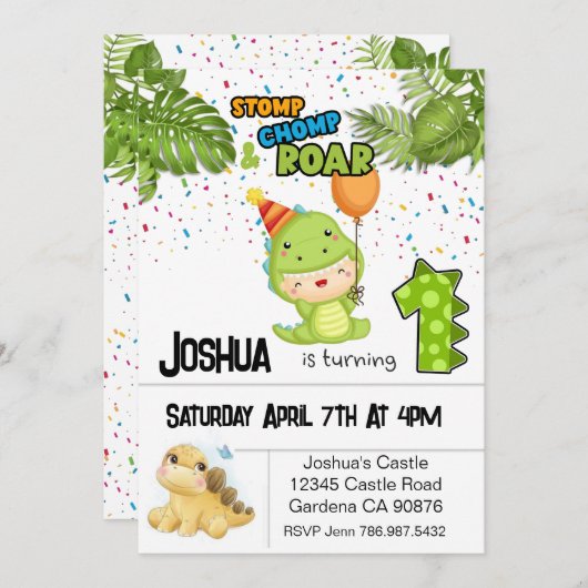 Dinosaurus eerste verjaardag uitnodiging (Voorkant / Achterkant)