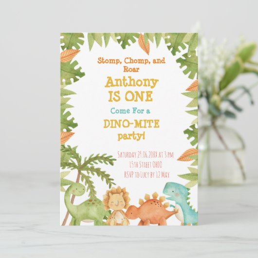 Dinosaurus Eerste Verjaardag Uitnodiging Dinosauru (Staand voorkant)