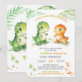 Dinosaurus eerste verjaardag uitnodiging voor twee (Voorkant / Achterkant)