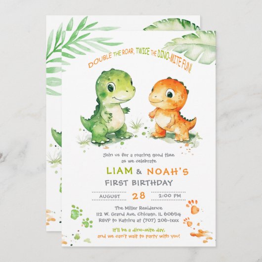 Dinosaurus eerste verjaardag uitnodiging voor twee (Voorkant / Achterkant)