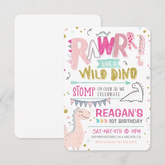 Dinosaurus Eerste Verjaardag Uitnodiging Wild Dino (Voorkant / Achterkant)