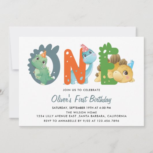 Dinosaurus Eerste Verjaardagsfeest Uitnodiging (Voorkant)