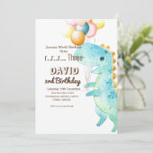 Dinosaurus- en ballonnen verjaardagsfeest uitnodig kaart (Staand voorkant)