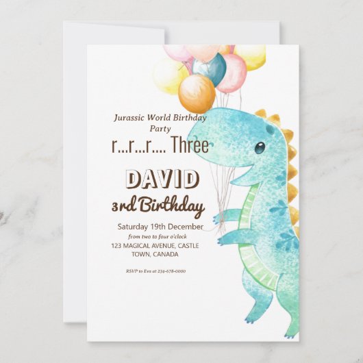 Dinosaurus en Ballons Verjaardagsfeestuitnodiging Kaart (Voorkant)